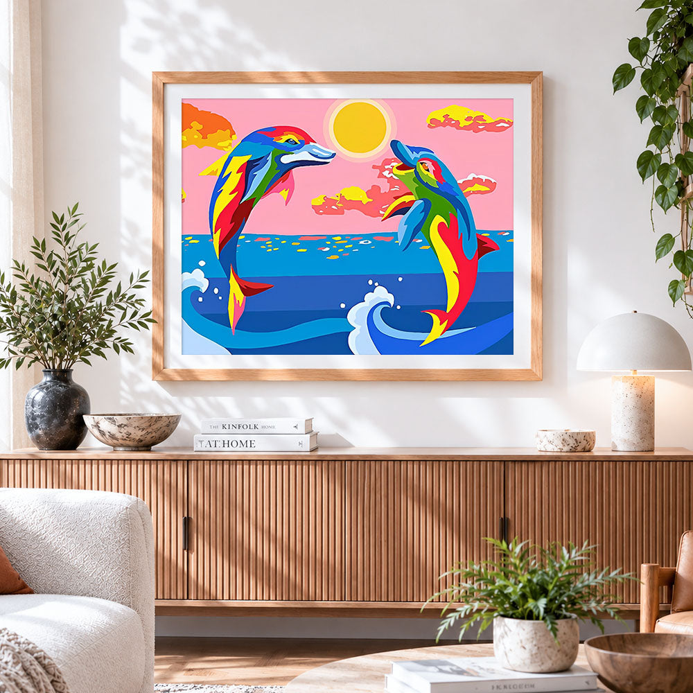 Finished rainbow dolphins jumping paint by numbers artwork displayed as home decor
