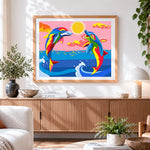 Finished rainbow dolphins jumping paint by numbers artwork displayed as home decor