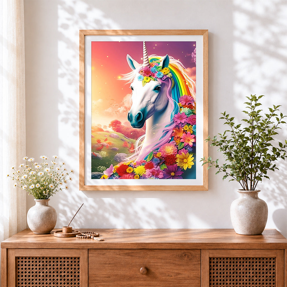 Finished rainbow floral crown unicorn paint by numbers artwork displayed as home decor