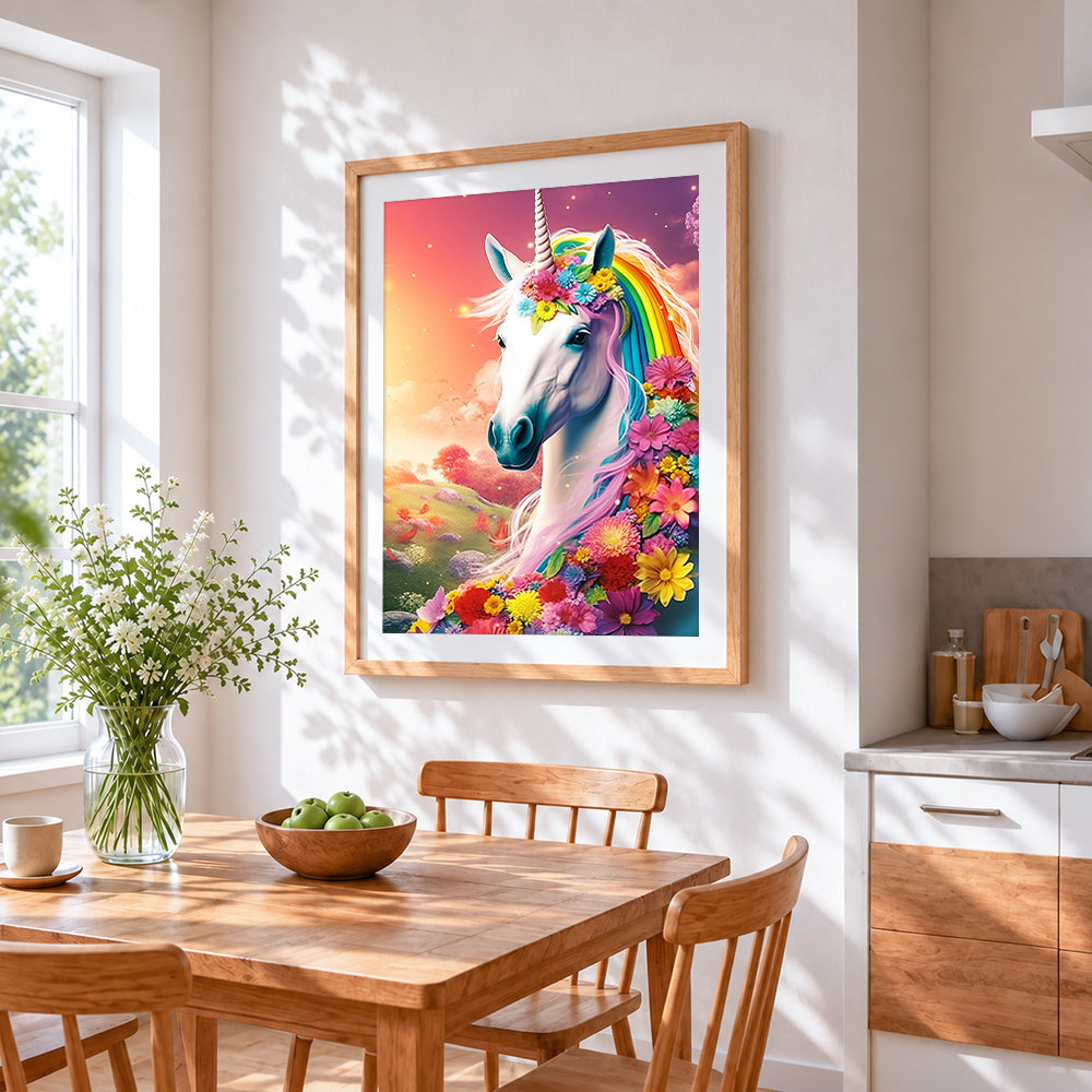 Rainbow floral crown unicorn paint by numbers artwork displayed on wall as home decor