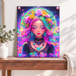 Finished rainbow floral goddess pearl diamond painting artwork displayed as home decor