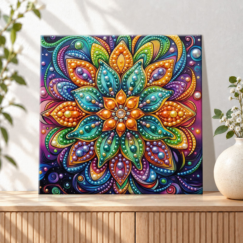 Finished rainbow floral mandala pearl diamond painting artwork displayed as holiday home decor