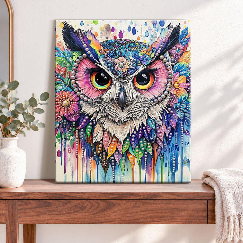Finished rainbow floral owl pearl diamond painting artwork displayed as home decor