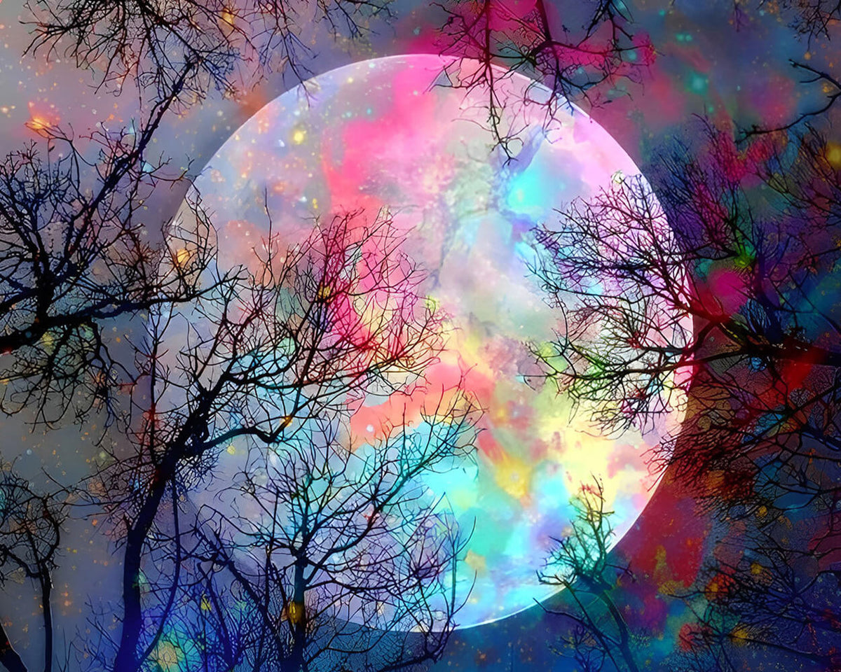 Rainbow full moon and tree branches cross stitch kit for beginners