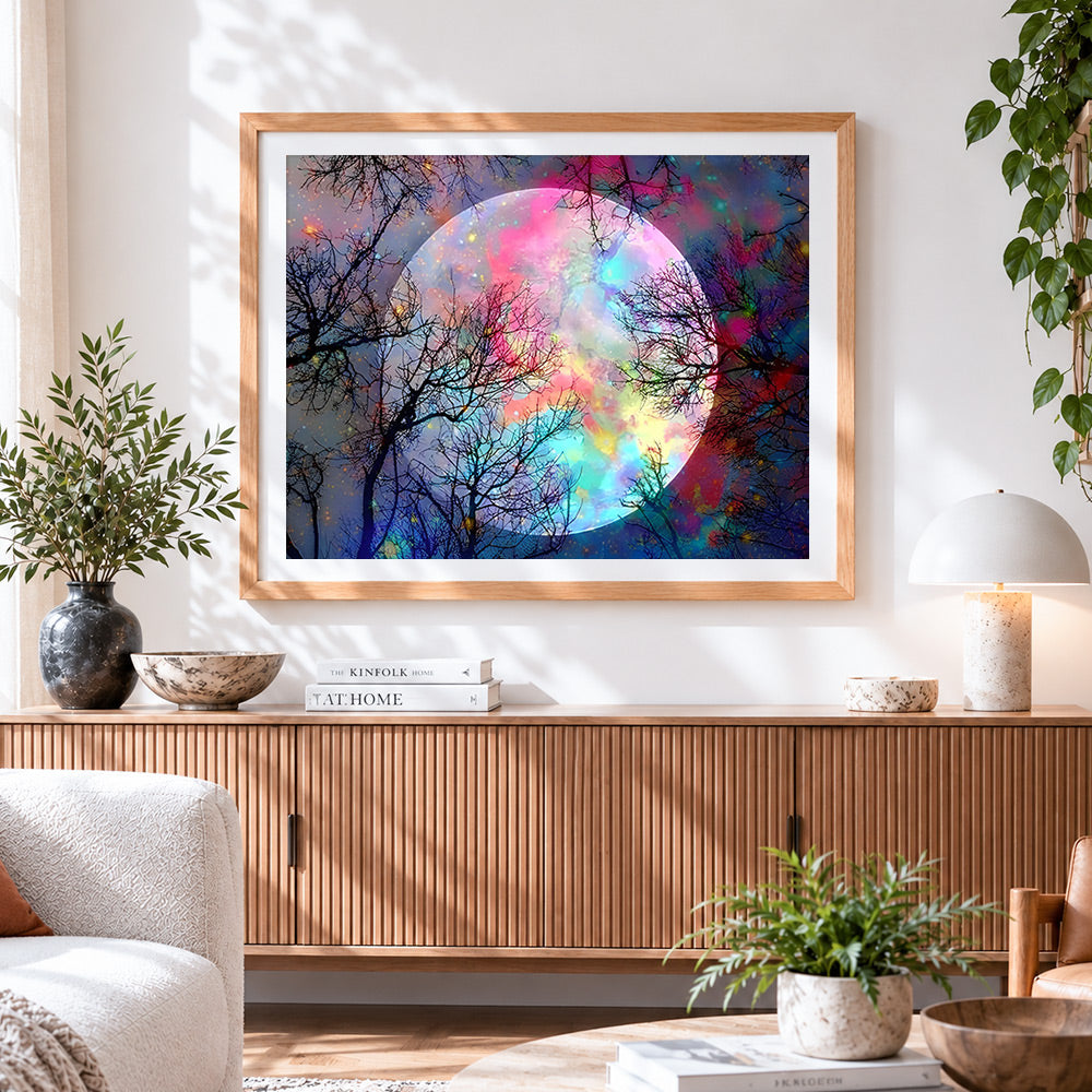 Finished rainbow full moon and tree branches paint by numbers artwork displayed as home decor