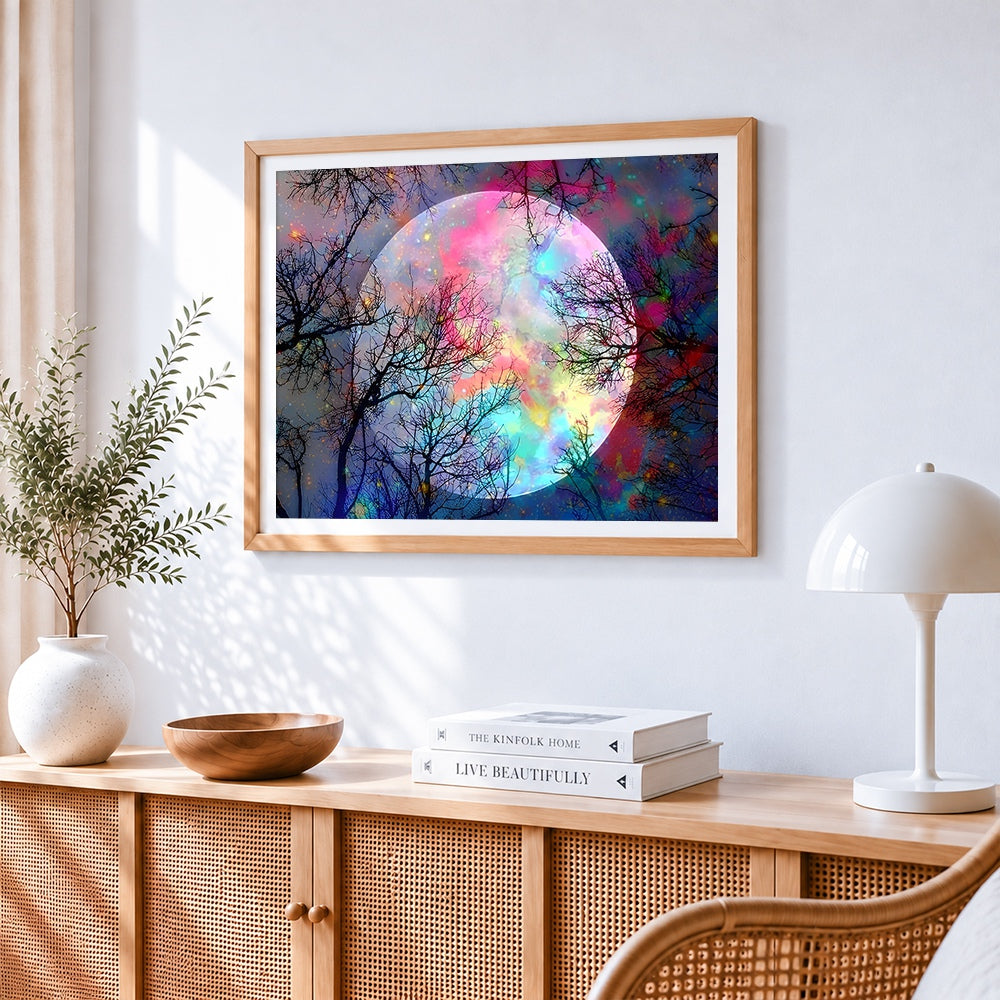 Rainbow full moon and tree branches paint by numbers artwork displayed on wall as home decor