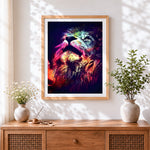 Finished rainbow galaxy lion cross stitch artwork displayed