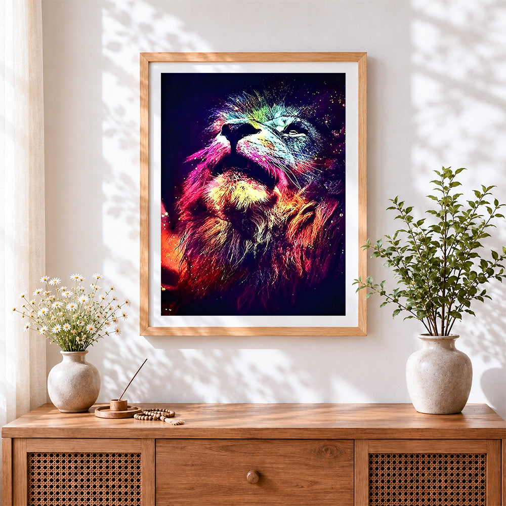 Finished rainbow galaxy lion cross stitch artwork displayed