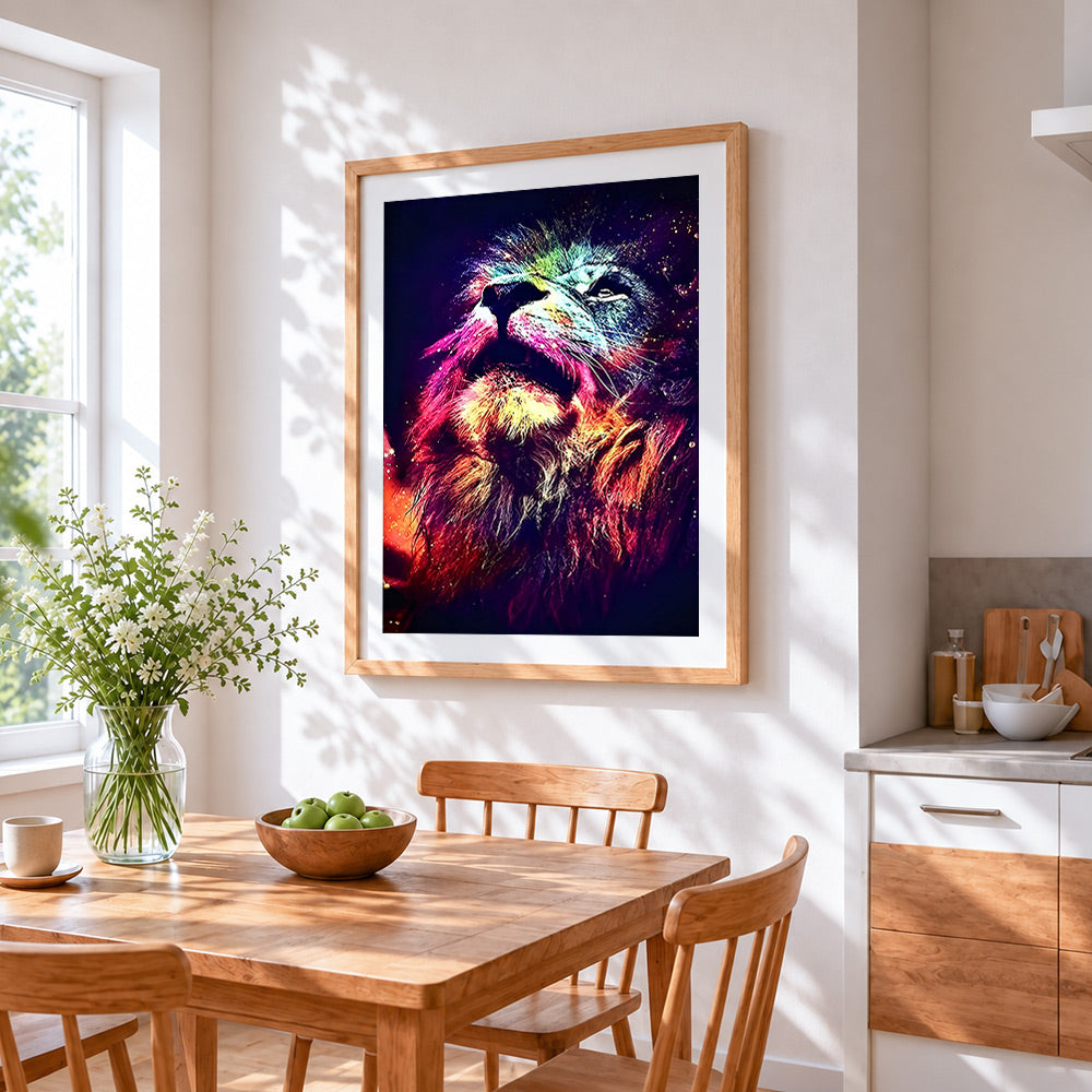 Rainbow galaxy lion cross stitch artwork displayed on wall as home decor