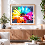 Finished rainbow gerbera daisy with water droplets paint by numbers artwork displayed as home decor