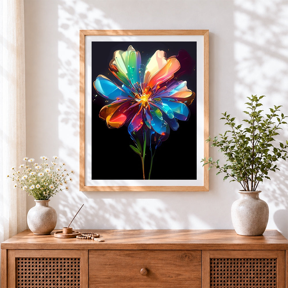 Finished rainbow glass flower cross stitch artwork displayed