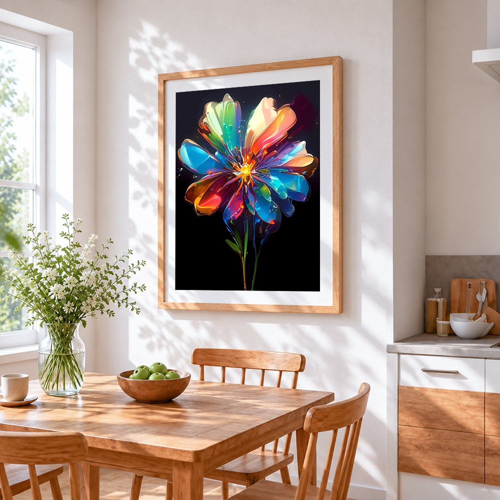 Rainbow glass flower cross stitch artwork displayed on wall as home decor
