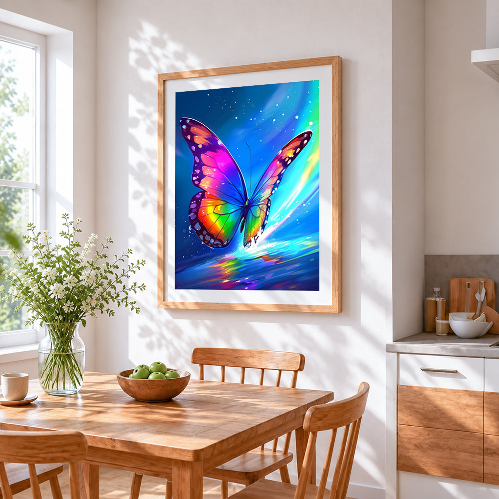 Rainbow glowing butterfly cross stitch artwork displayed on wall as home decor