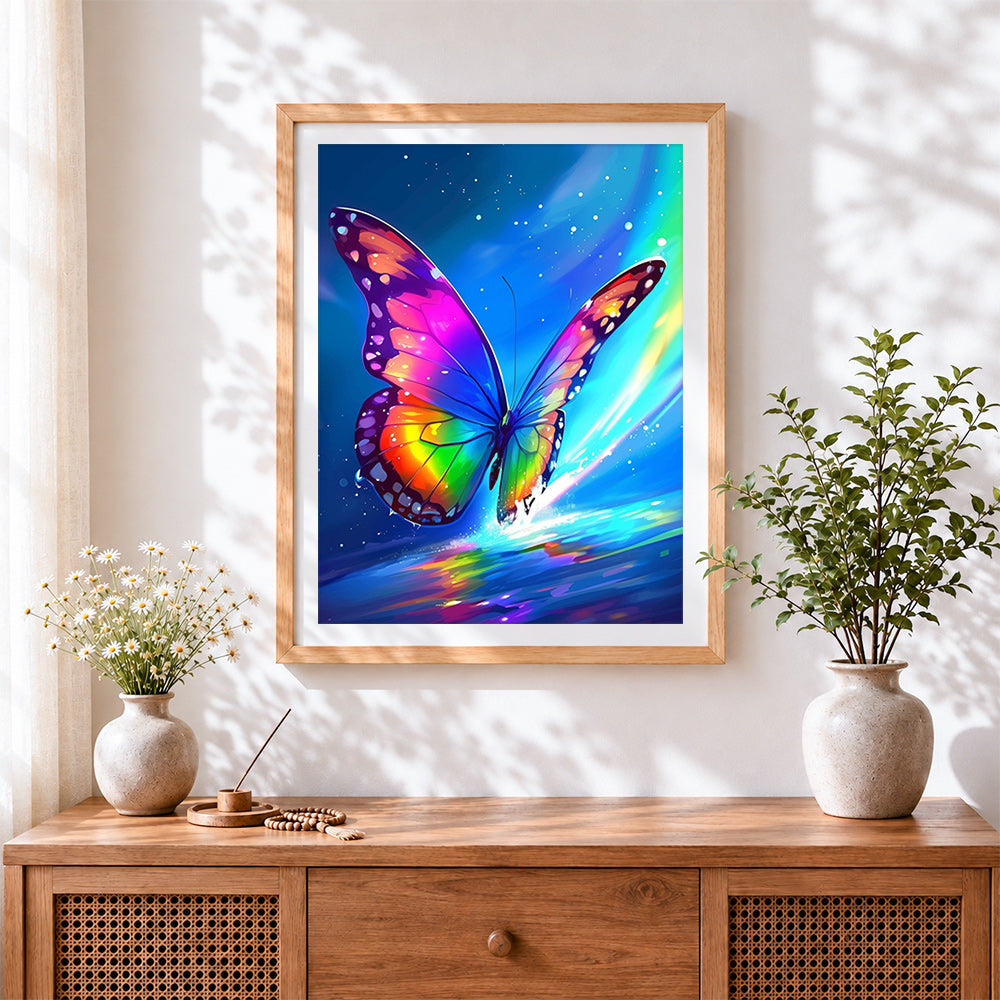 Finished rainbow glowing butterfly paint by numbers artwork displayed as home decor