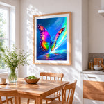 Rainbow glowing butterfly paint by numbers artwork displayed on wall as home decor