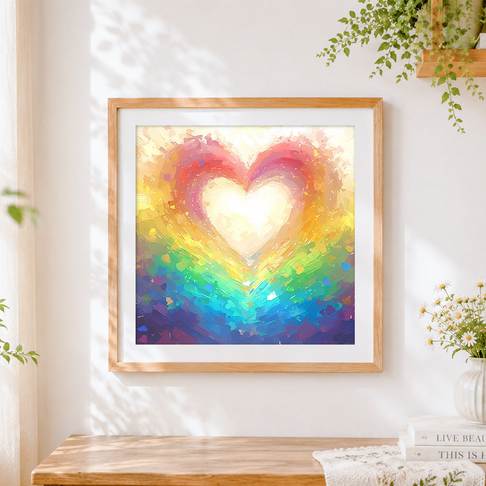 Finished rainbow glowing heart cross stitch artwork displayed