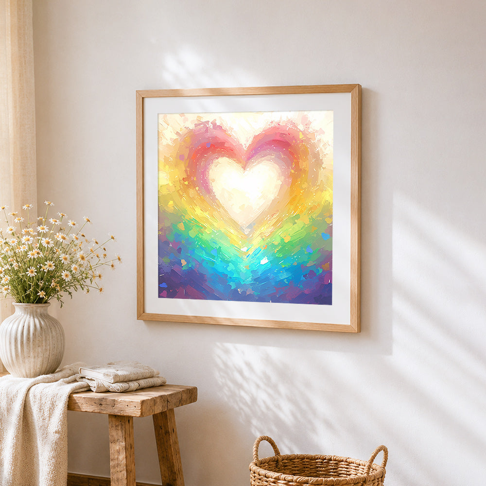 Rainbow glowing heart cross stitch artwork displayed on wall as home decor