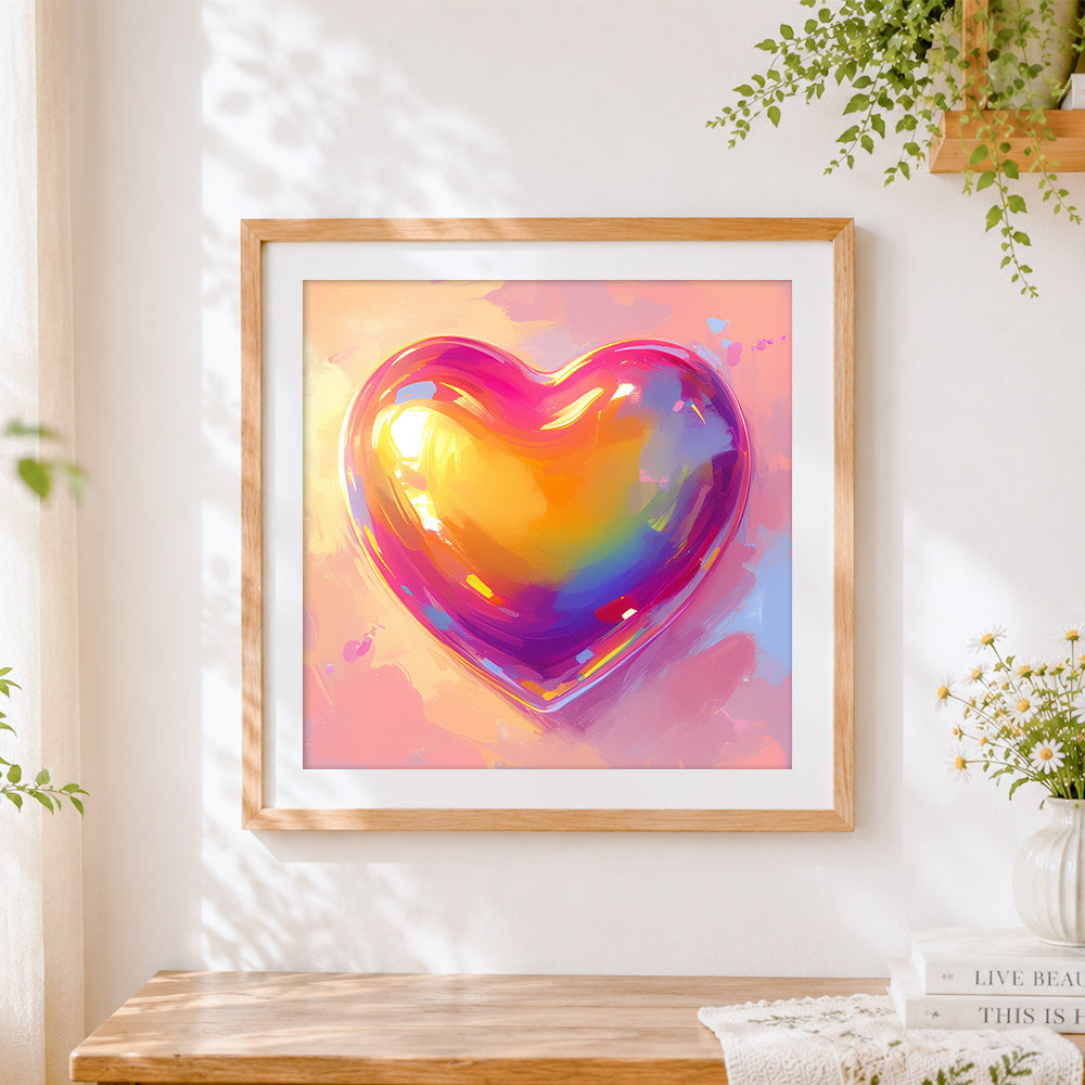 Finished rainbow gradient glossy heart cross stitch artwork displayed