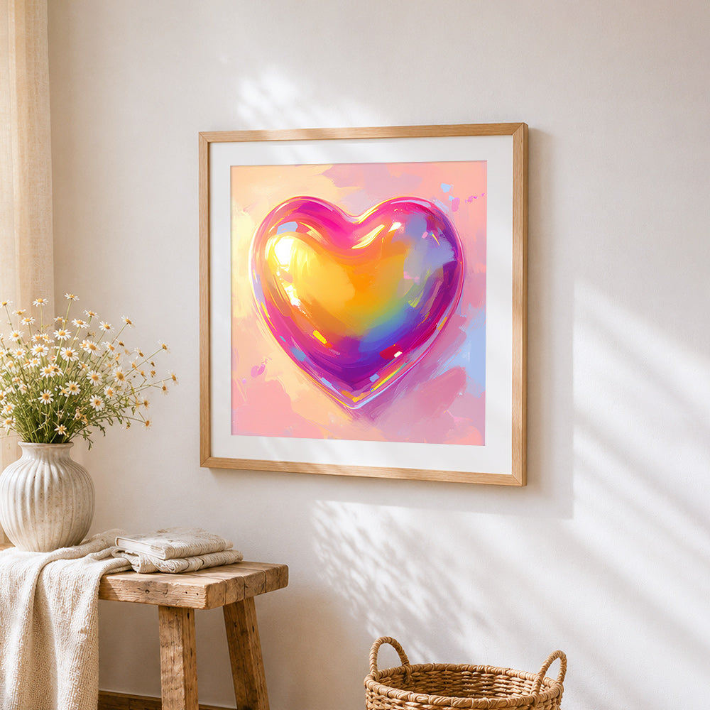 Rainbow gradient glossy heart cross stitch artwork displayed on wall as home decor