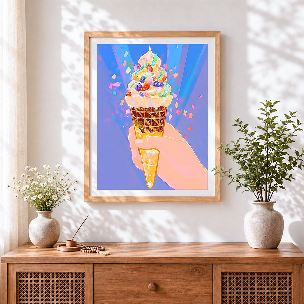 Finished rainbow ice cream cone with confetti cross stitch artwork displayed