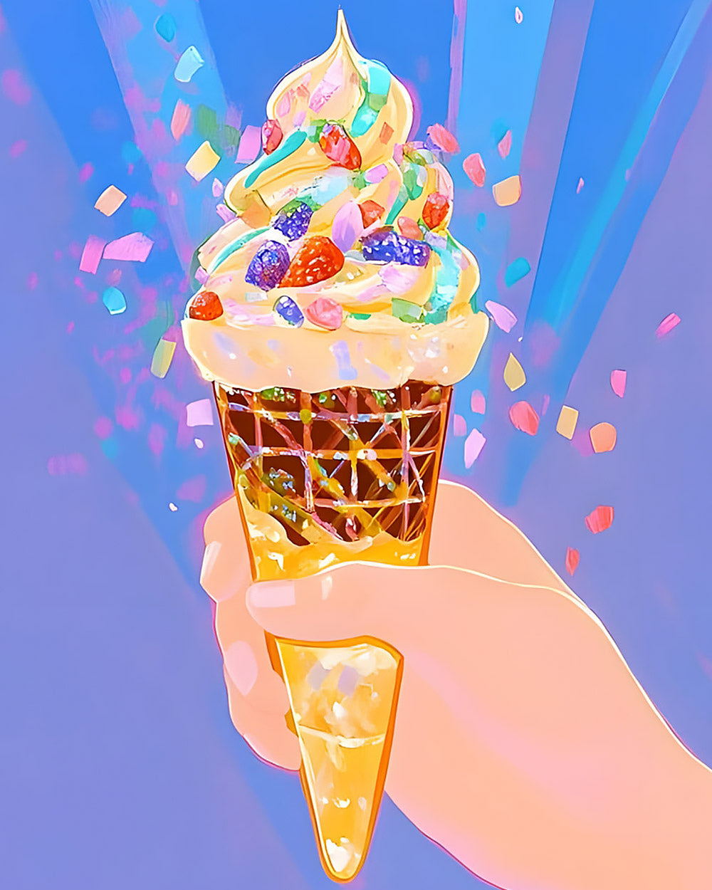 Rainbow ice cream cone with confetti cross stitch kit for beginners