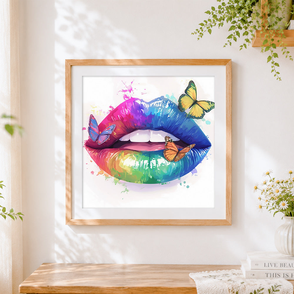 Finished rainbow lips and butterflies cross stitch artwork displayed