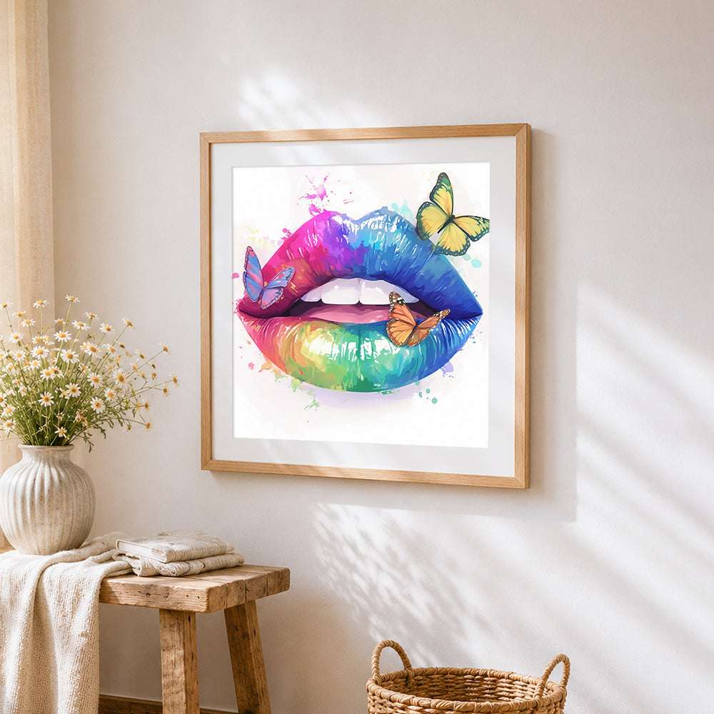 Rainbow lips and butterflies cross stitch artwork displayed on wall as home decor