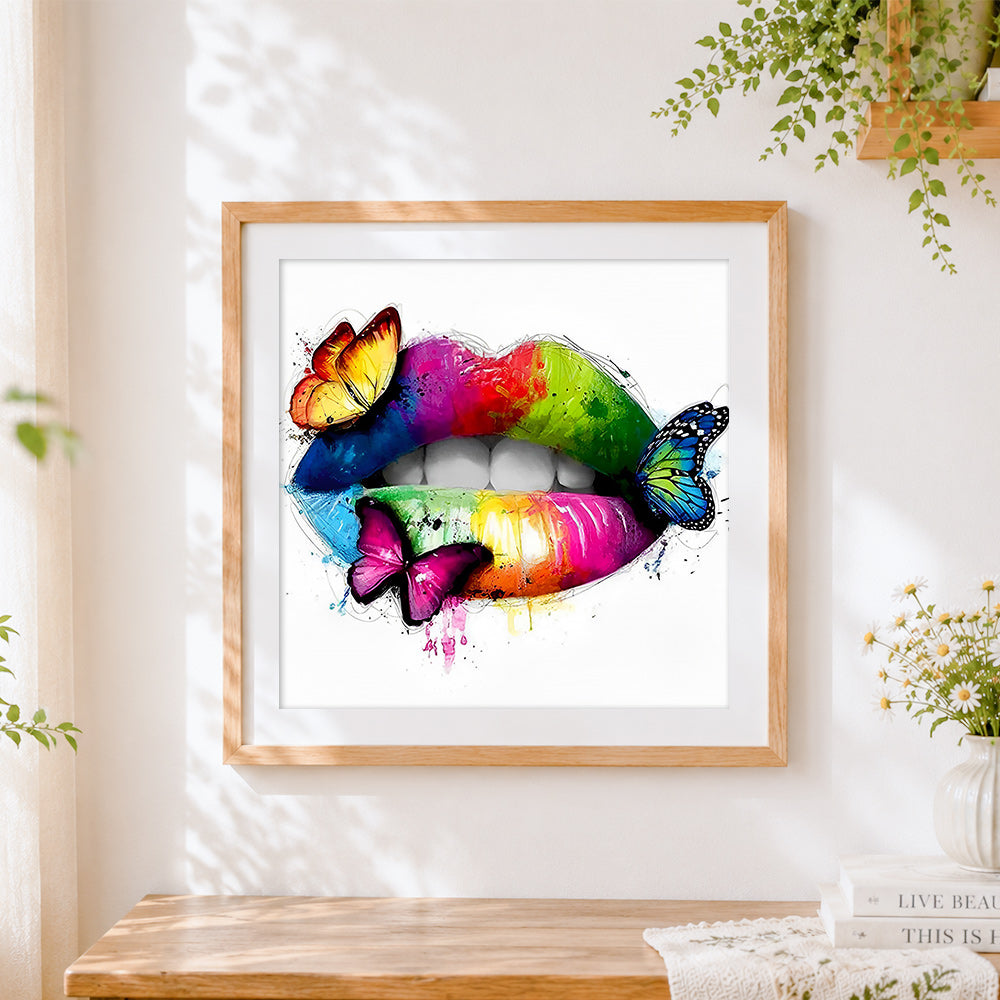 Finished rainbow lips with butterflies paint by numbers artwork displayed as home decor