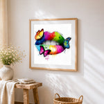 Rainbow lips with butterflies paint by numbers artwork displayed on wall as home decor
