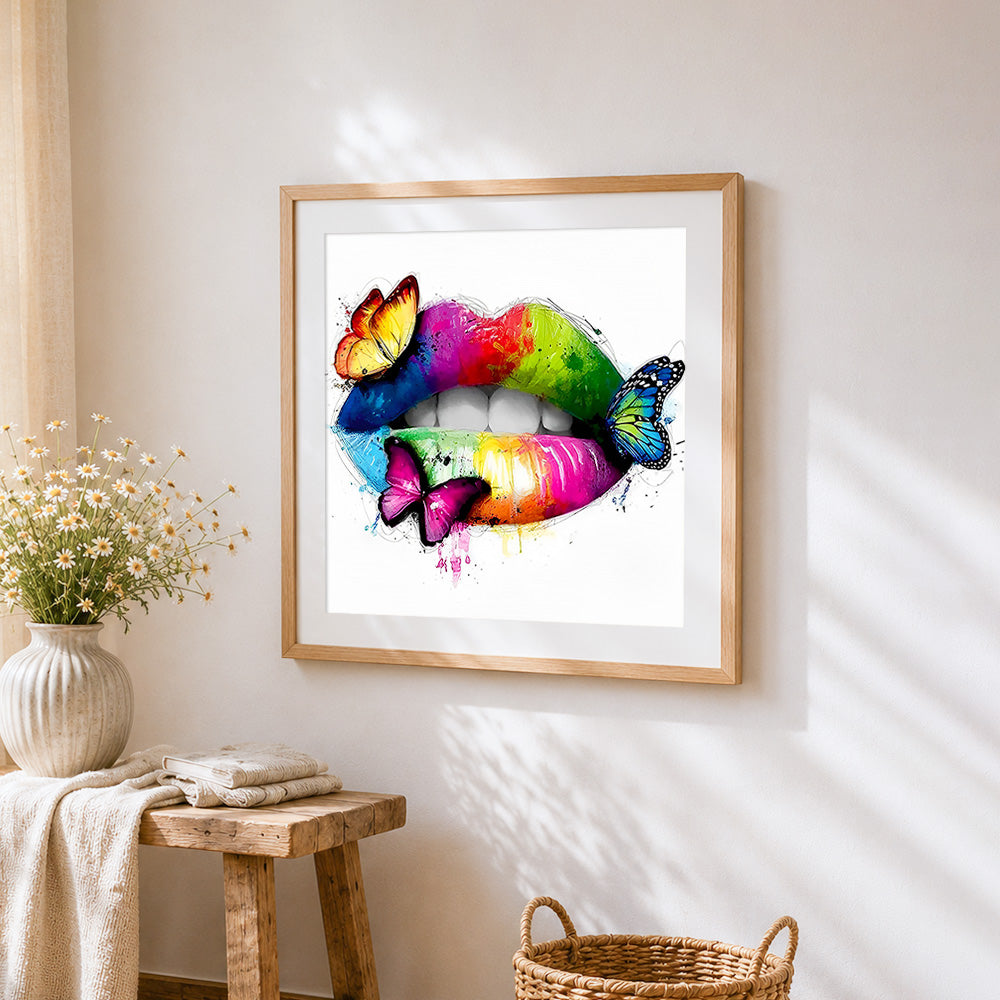 Rainbow lips with butterflies paint by numbers artwork displayed on wall as home decor