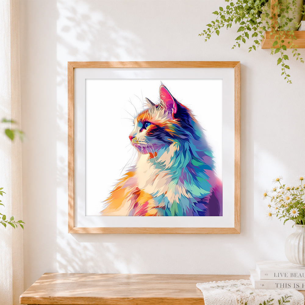 Finished rainbow long-haired cat cross stitch artwork displayed