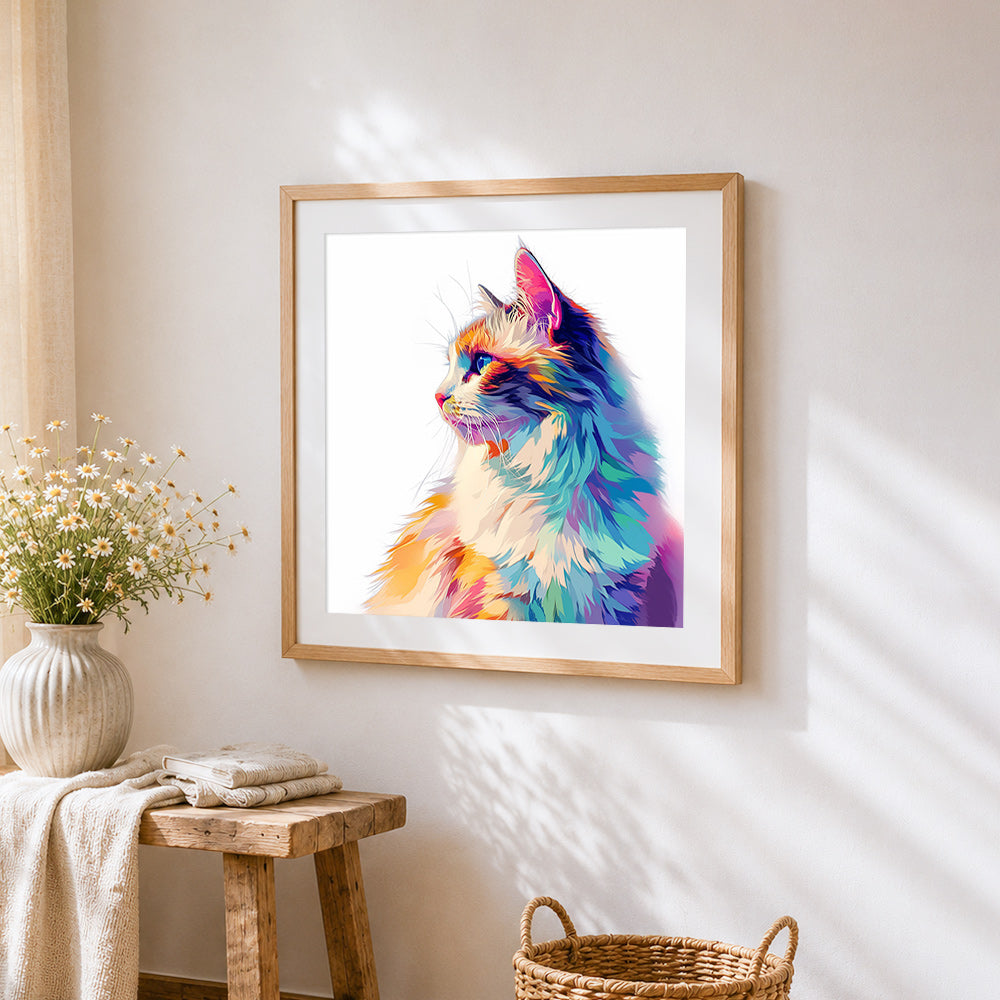 Rainbow long-haired cat cross stitch artwork displayed on wall as home decor