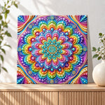 Finished rainbow mandala bloom pearl diamond painting artwork displayed as holiday home decor