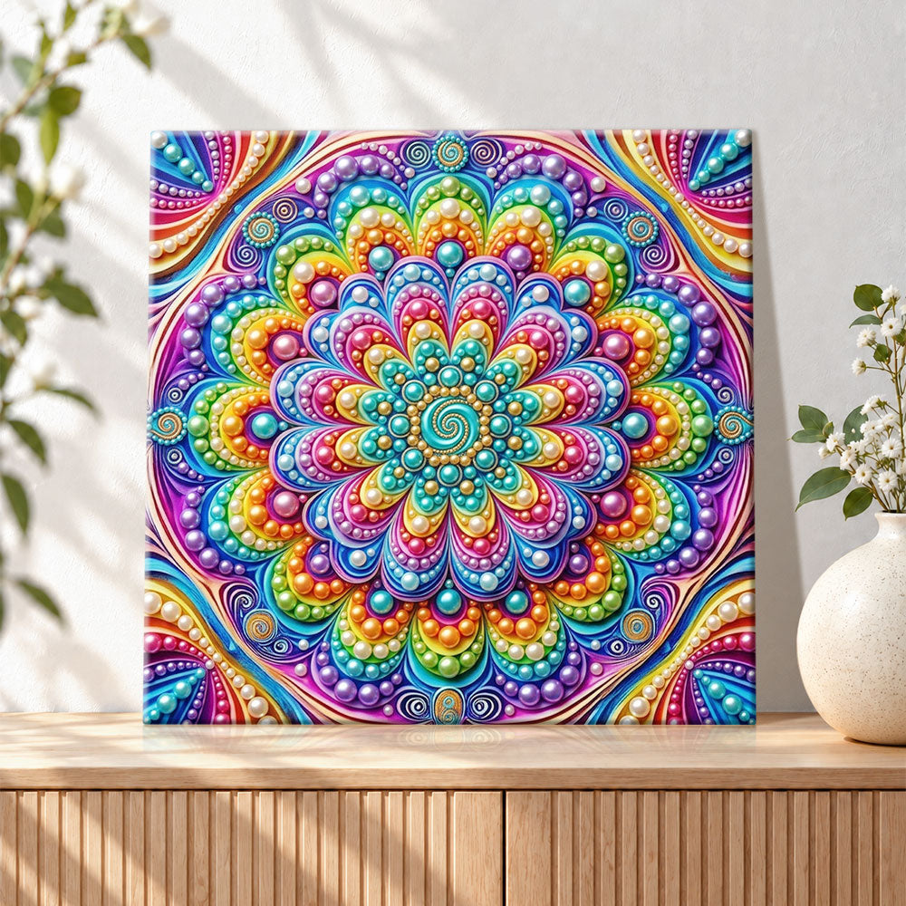 Finished rainbow mandala bloom pearl diamond painting artwork displayed as holiday home decor