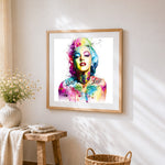 Rainbow marilyn monroe portrait cross stitch artwork displayed on wall as home decor