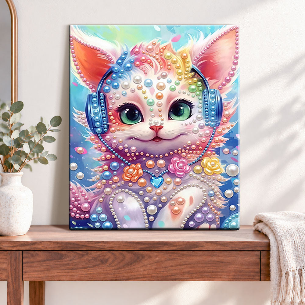 Finished rainbow melody kitty pearl diamond painting artwork displayed as home decor