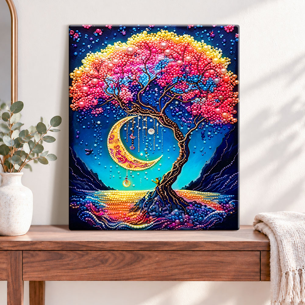 Finished rainbow moon tree pearl diamond painting artwork displayed as home decor