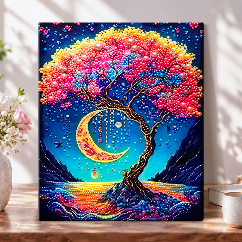 Rainbow moon tree pearl diamond painting kit for beginners