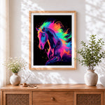 Finished rainbow neon horse cross stitch artwork displayed