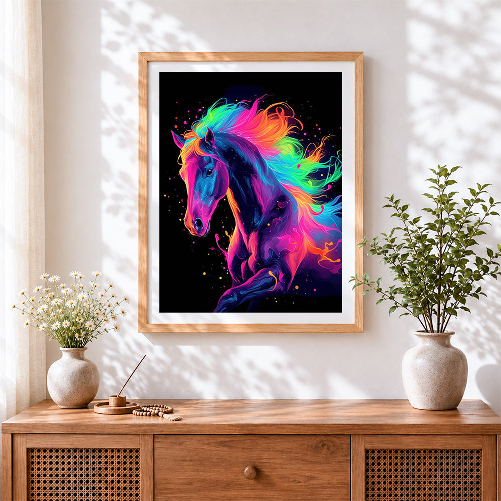 Finished rainbow neon horse cross stitch artwork displayed