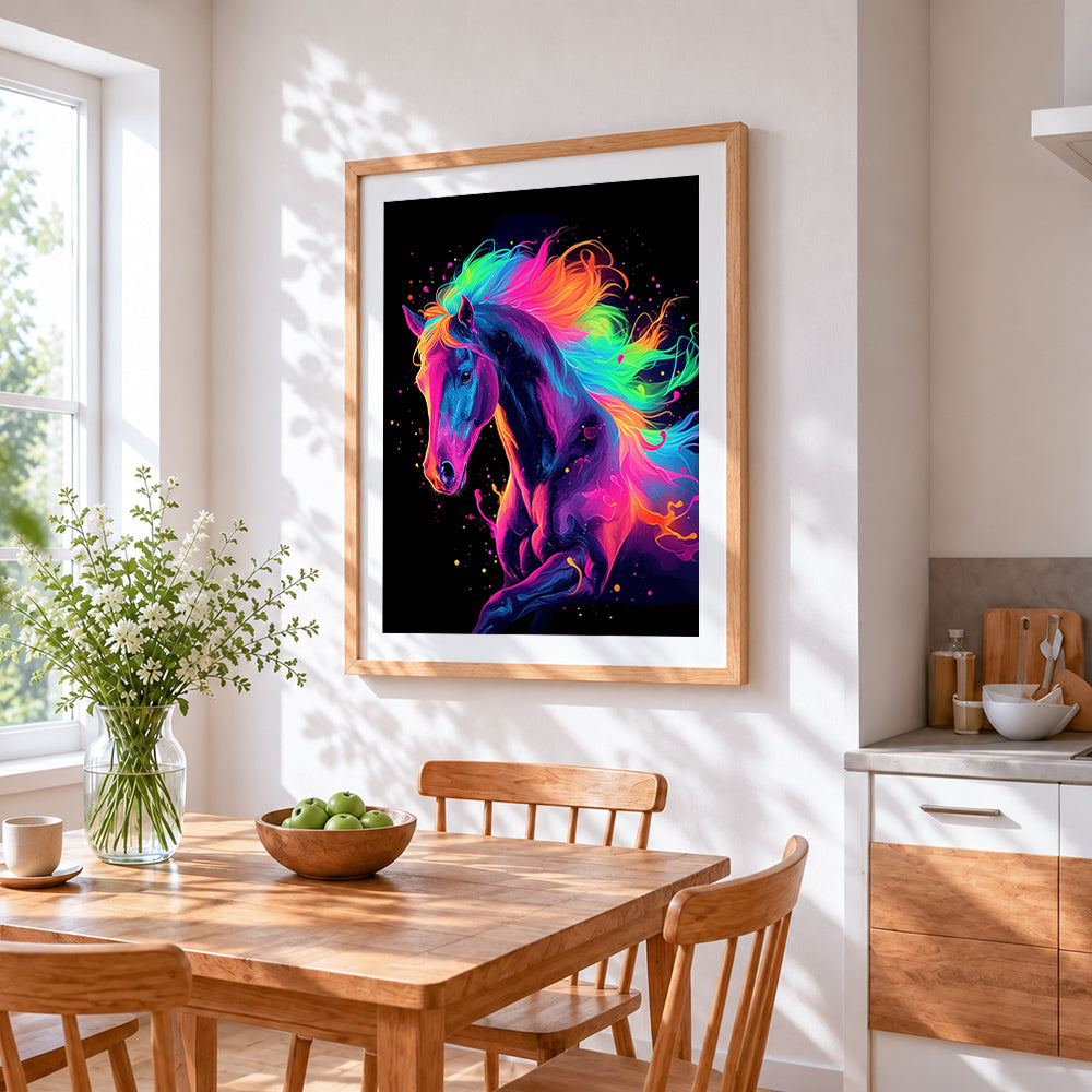 Rainbow neon horse cross stitch artwork displayed on wall as home decor