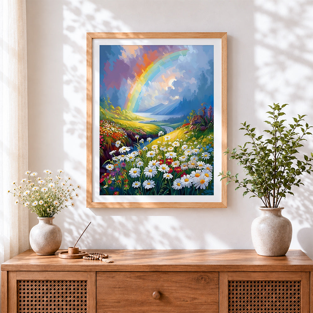 Finished rainbow over a daisy field cross stitch artwork displayed