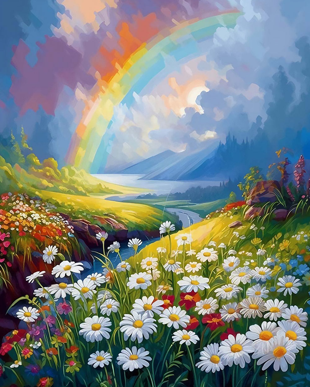 Rainbow over a daisy field cross stitch kit for beginners