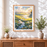 Finished rainbow over a peaceful river cross stitch artwork displayed