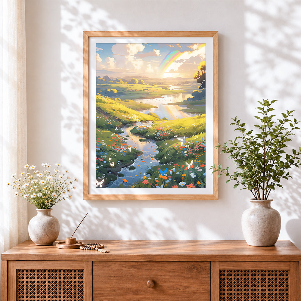 Finished rainbow over a peaceful river cross stitch artwork displayed