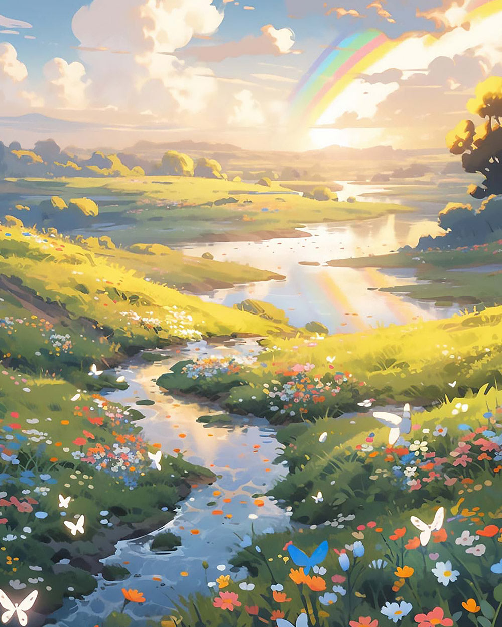 Rainbow over a peaceful river cross stitch kit for beginners