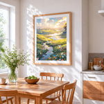 Rainbow over a peaceful river cross stitch artwork displayed on wall as home decor