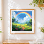 Finished rainbow over a wildflower path cross stitch artwork displayed