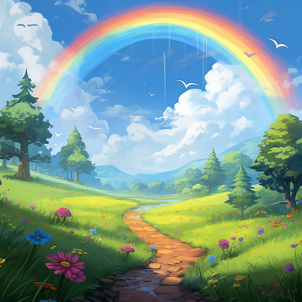 Rainbow over a wildflower path cross stitch kit for beginners