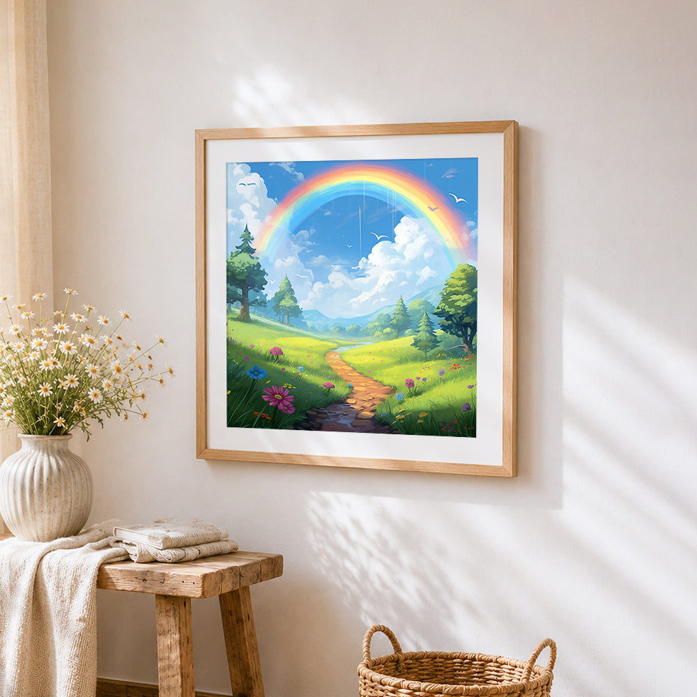 Rainbow over a wildflower path cross stitch artwork displayed on wall as home decor